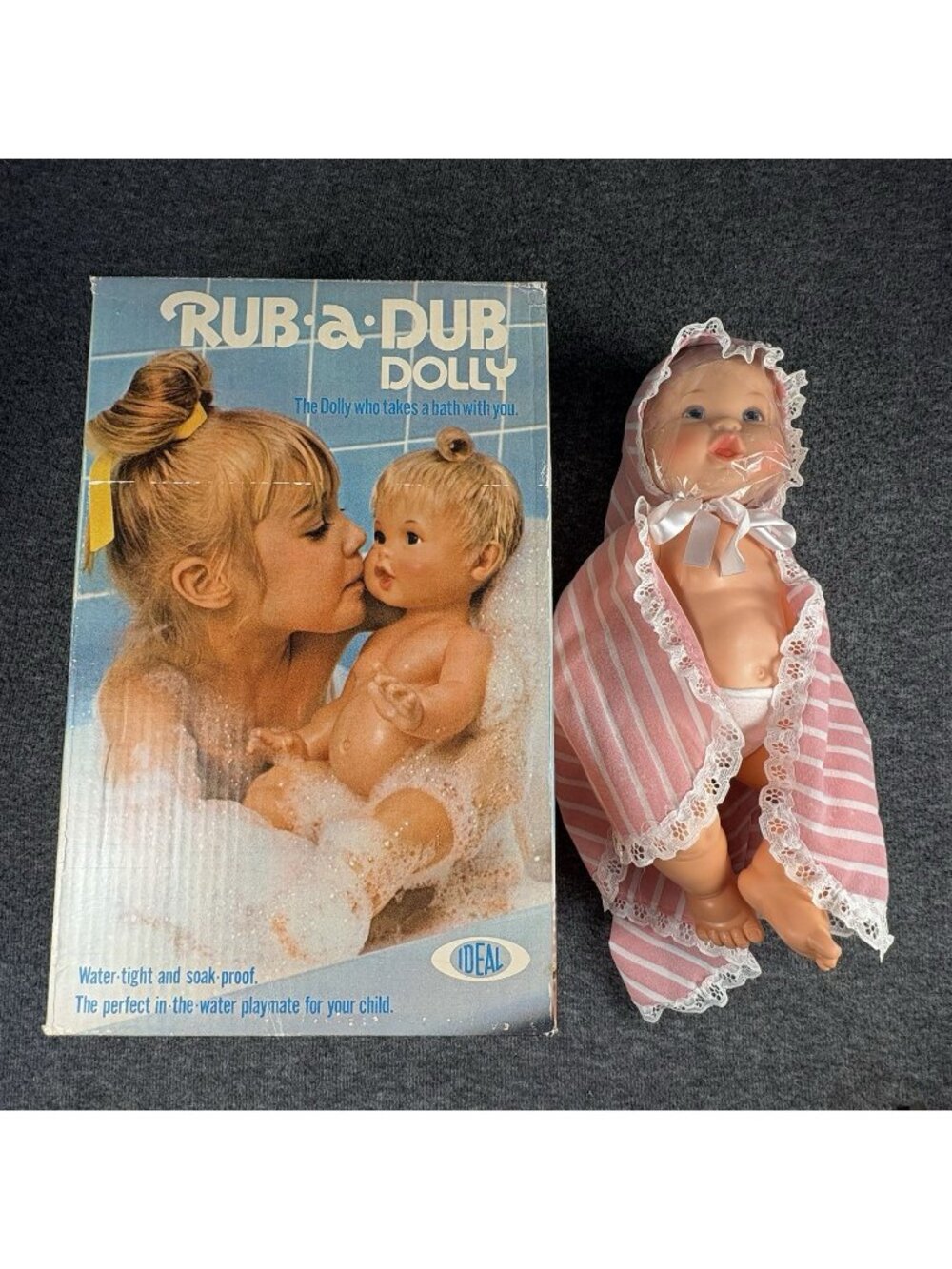 Vintage 1973 Ideal Rub A Dub Dolly Original Box Rare Original Pink Towel